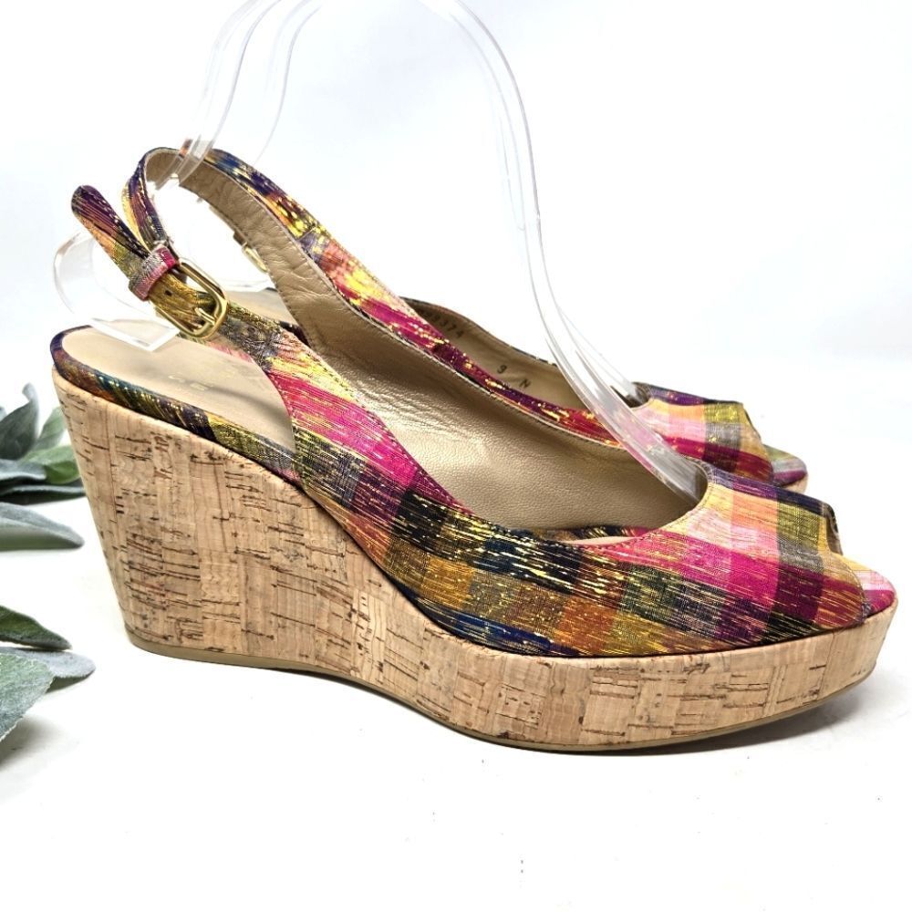 STUART WEITZMAN Jean Winsel Tinsel Metallic Plaid Cork Wedge 9N